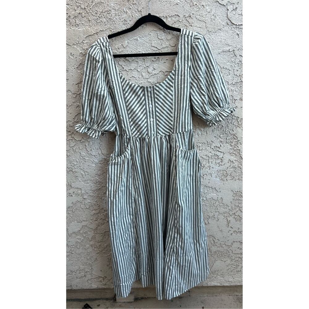 Umgee Striped Puff Sleeve Midi Dress Cottagecore Pockets Size M